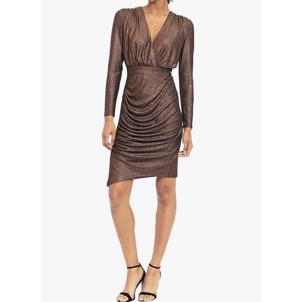Donna Morgan V-Neck Ruched Side Mini Dress Women's 6 Black Bronze Long Sleeve